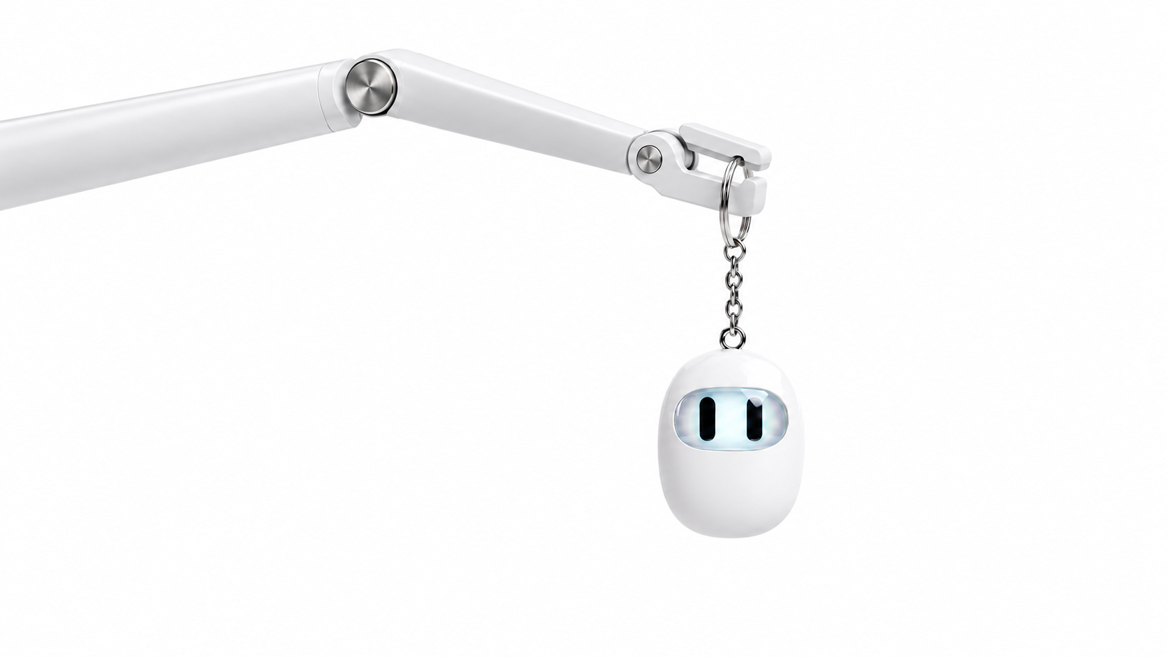 AQO dangling from a silver keychain held by a minimal white robotic arm against a white background.